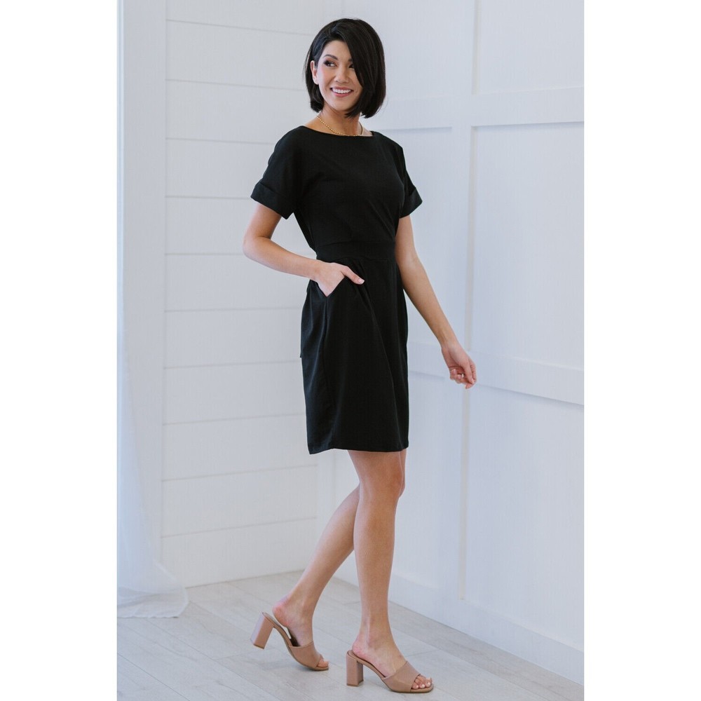 Zenana Smooth Talker Tie-Waist Dress Black Short Sleeve Pockets Stretchy - Picture 4 of 16